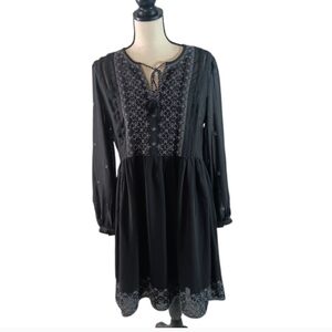 Black Embroidered Sheer Long Sleeve Whimsigoth Balloon Sleeve Peasant Dress